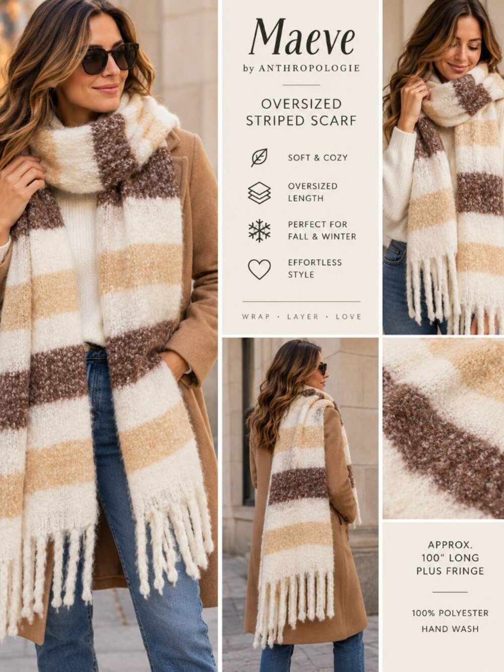Maeve Anthropologie Oversized Striped Scarf 100” Cream Brown Fringe Cozy